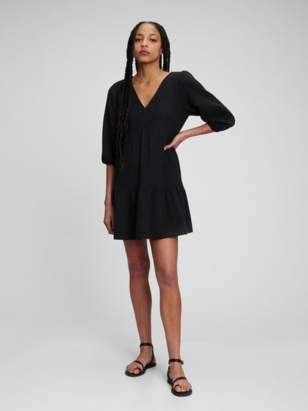 NWT-GAP Crinkle Gauze Tiered Mini Dress - Medium-Black
